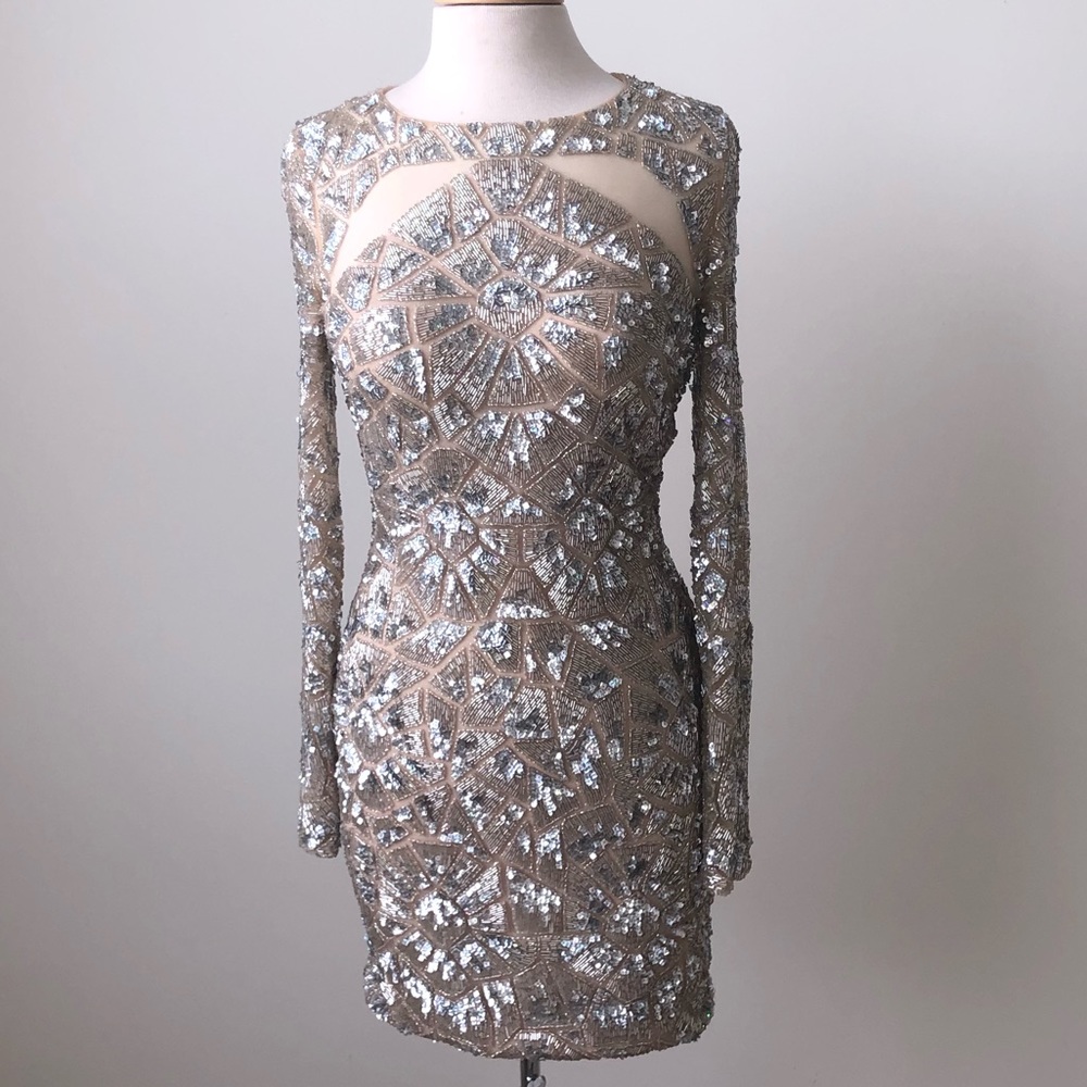 JOVANI beaded, long-sleeve, backless dress
